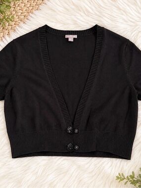 Ann Taylor Black Cropped Short-Sleeve Button Cardigan